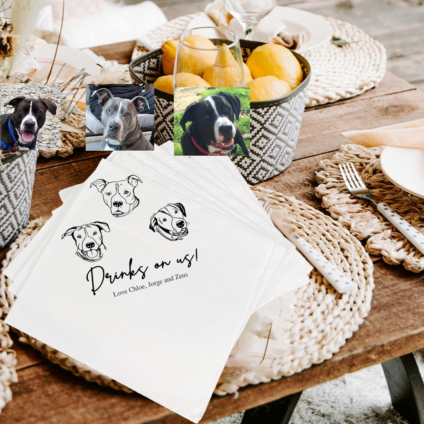 Luxury Customized Illustrated Dog Wedding Napkins, Personalized Photo Napkins for Dog, Custom Wedding Cocktail, Bridal Shower, Engagement Party