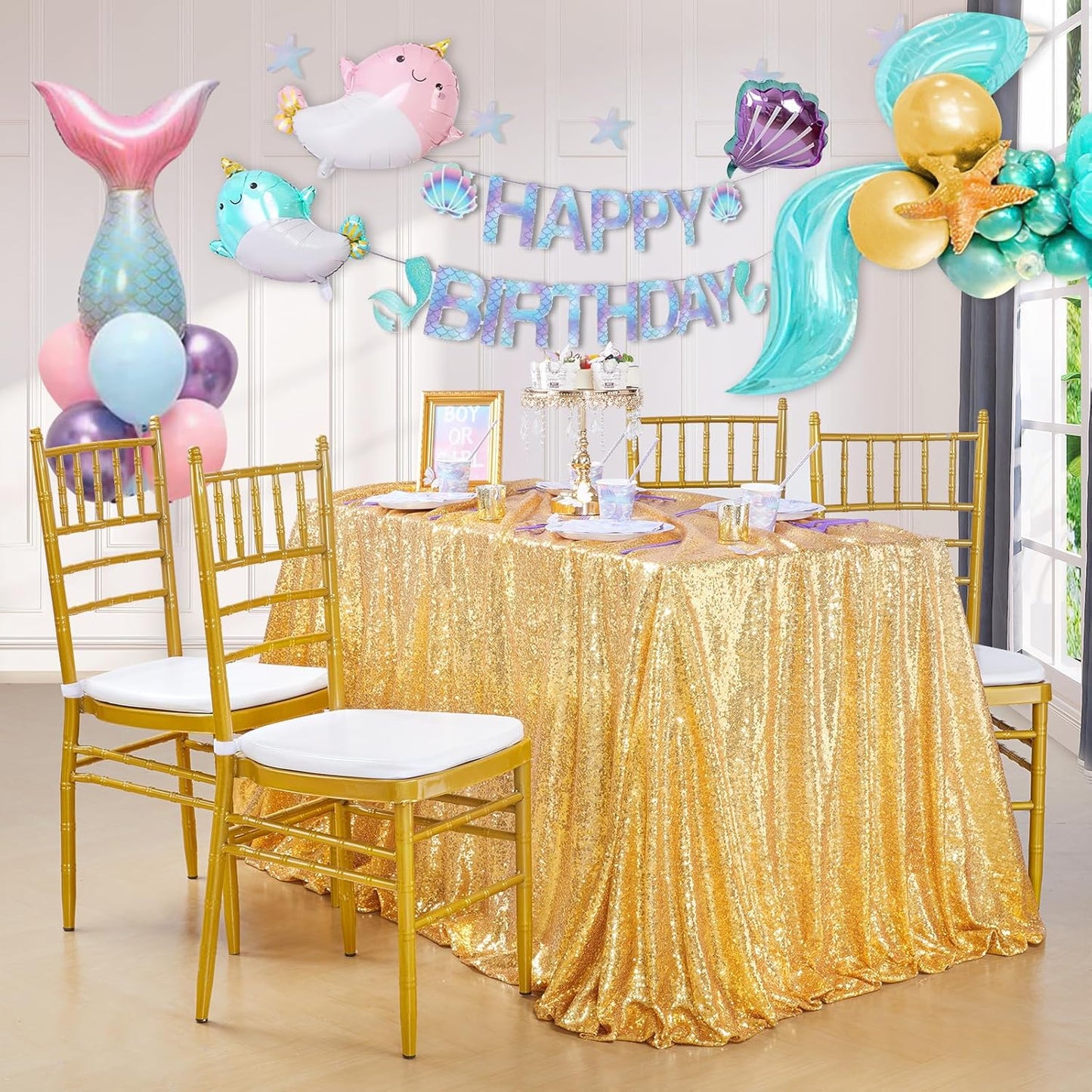 QueenDream Glitter Gold Tablecloth for Parties 90x156 Inch Sequin Fabric Rectangle Table Cloth for Wedding Birthday Banquet