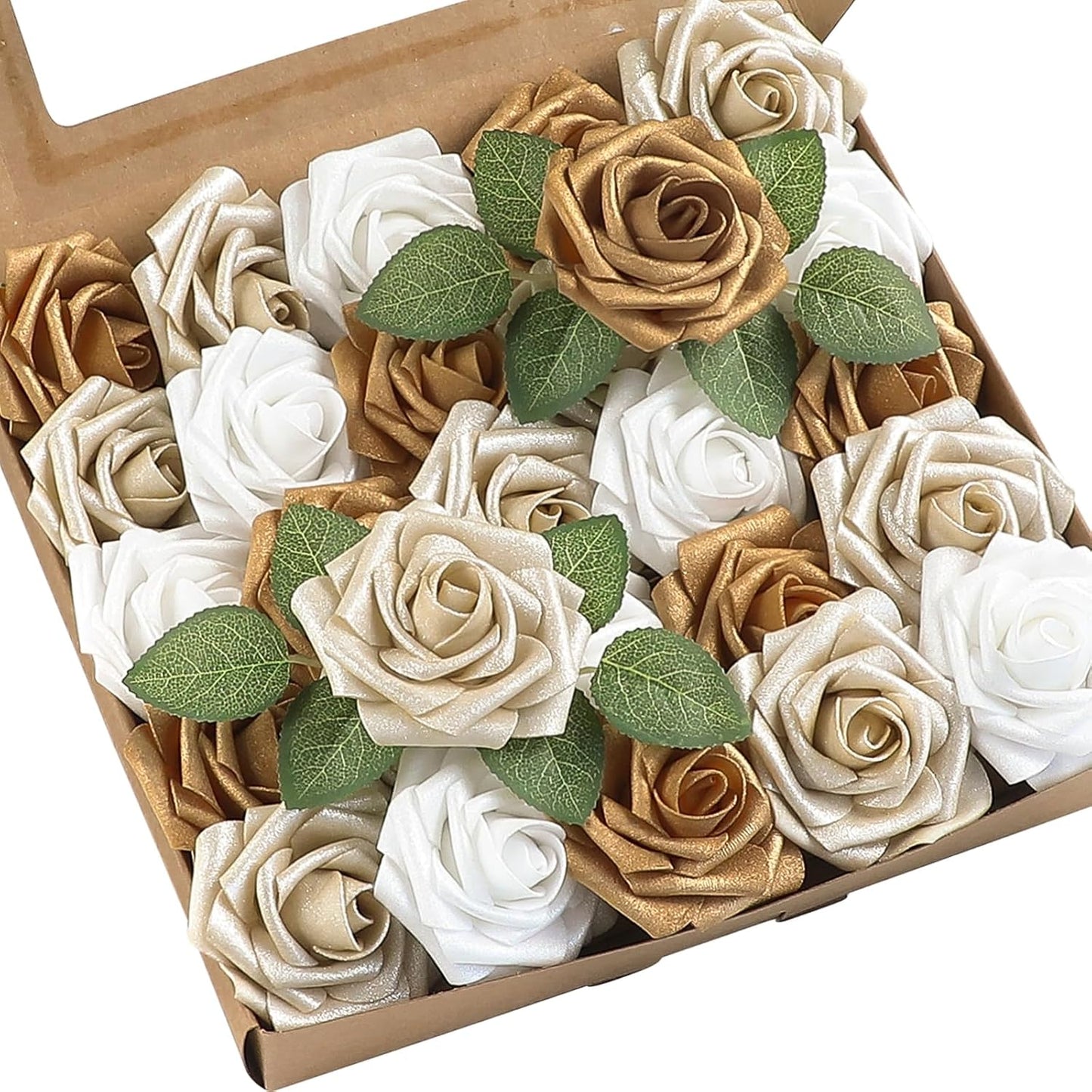 Floroom Artificial Flowers 25pcs Real Looking Gold & Champagne Gold Foam Fake Roses with Stems for DIY Wedding Bouquets Bridal Shower Centerpieces Floral Arrangements Party Tables Home Decorations