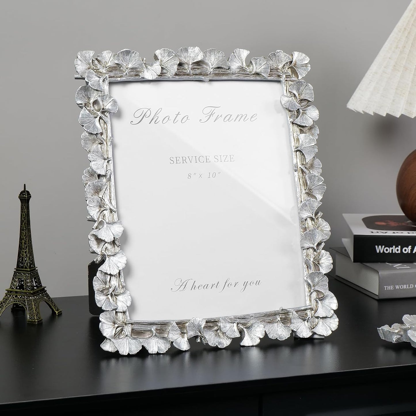 Cuspin Silver 8x10 Picture Frame, Vintage Silver Ornate Leaf Textured Hand-Crafted Resin with Glass Front Antique Photo Frame for Tabletop Display, Retro Design Home Decor