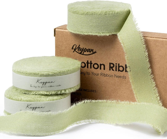 Sage Green Ribbon 5/8" x 21 Yards with Frayed Fringe Fabric Cotton Ribbons for Gift Wrapping Wedding Invitations Flower Bouquet Baby Shower