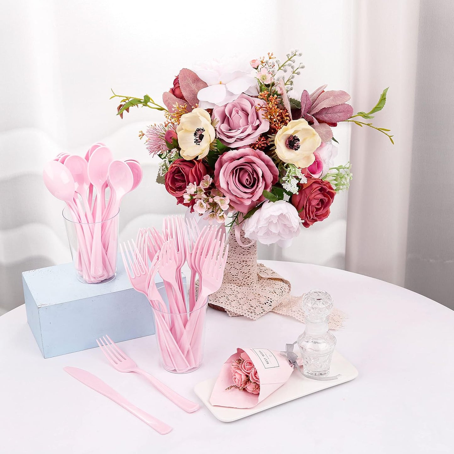 WDF 160 Piece Pink Plastic Silverware - Heavy Duty Pink Silverware Includes 80 Forks, 40 Spoons, 40 Knives, Plastic Utensils Perfect for Wedding, Party