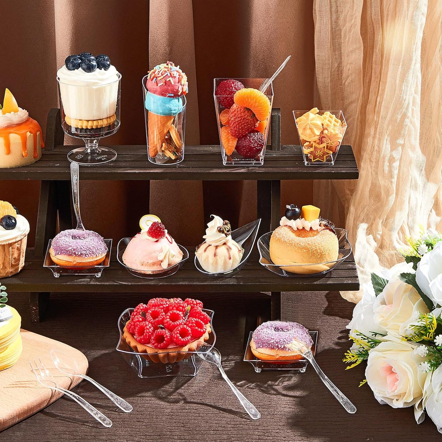 Tessco for you 160 Pcs Mini Appetizer Plates Dessert Cups Spoons Forks Set Dessert Containers Assorted Shape Plastic Parfait Cups Disposable Spoon Forks for Party Serving (Clear)