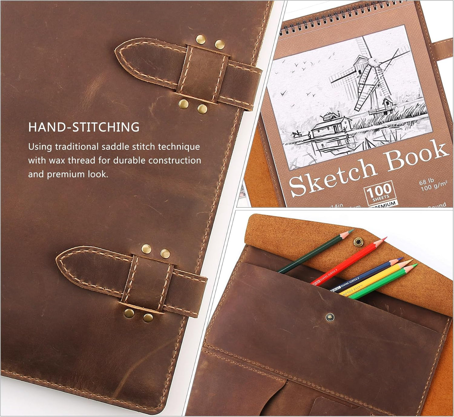Robrasim Handmade Leather Sketchbook Cover, Artist Sketch Pad Holder for 11"X14" Top Spiral Bound Sketchbook, Drawing Book Pencil Case, Journal Portfolio with Shoulder Strap, Artist Gifts,Brown