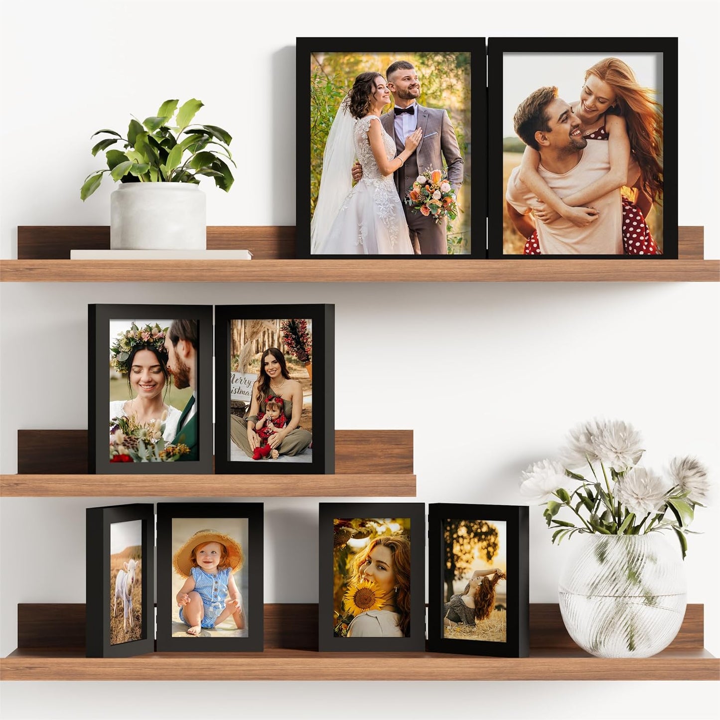 decorUhome Double 5x7 Picture Frame Vertical, Engineered Wood Bifold Photo Frame with Plexiglass for Tabletop Display, 5x7, Black