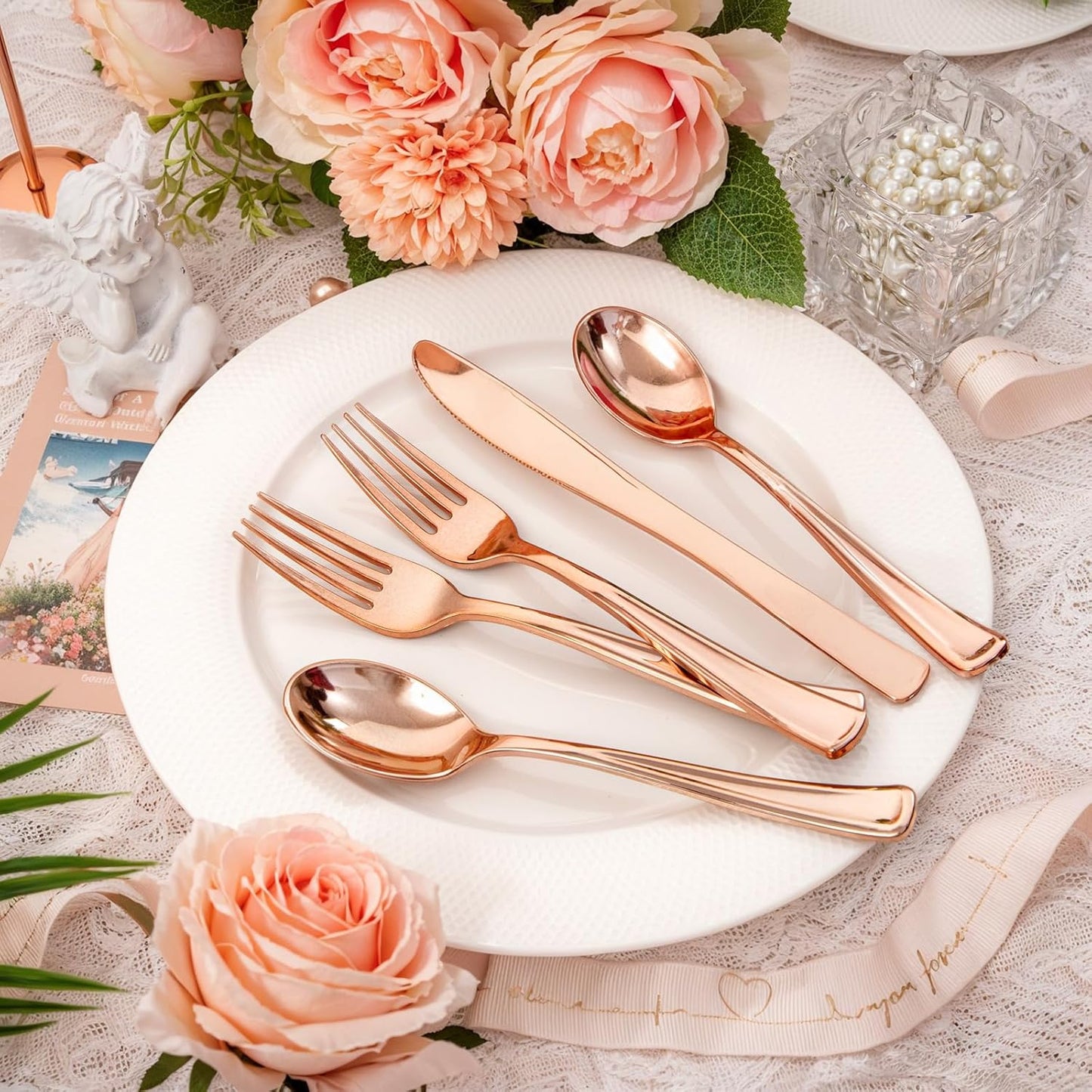 bUCLA 600PCS Rose Gold Plastic Silverware Set - Disposable Rose Gold Plastic Cutlery Include 200 Knives, 200 Forks, 200 Spoons for Party, Wedding & Mother’s Day