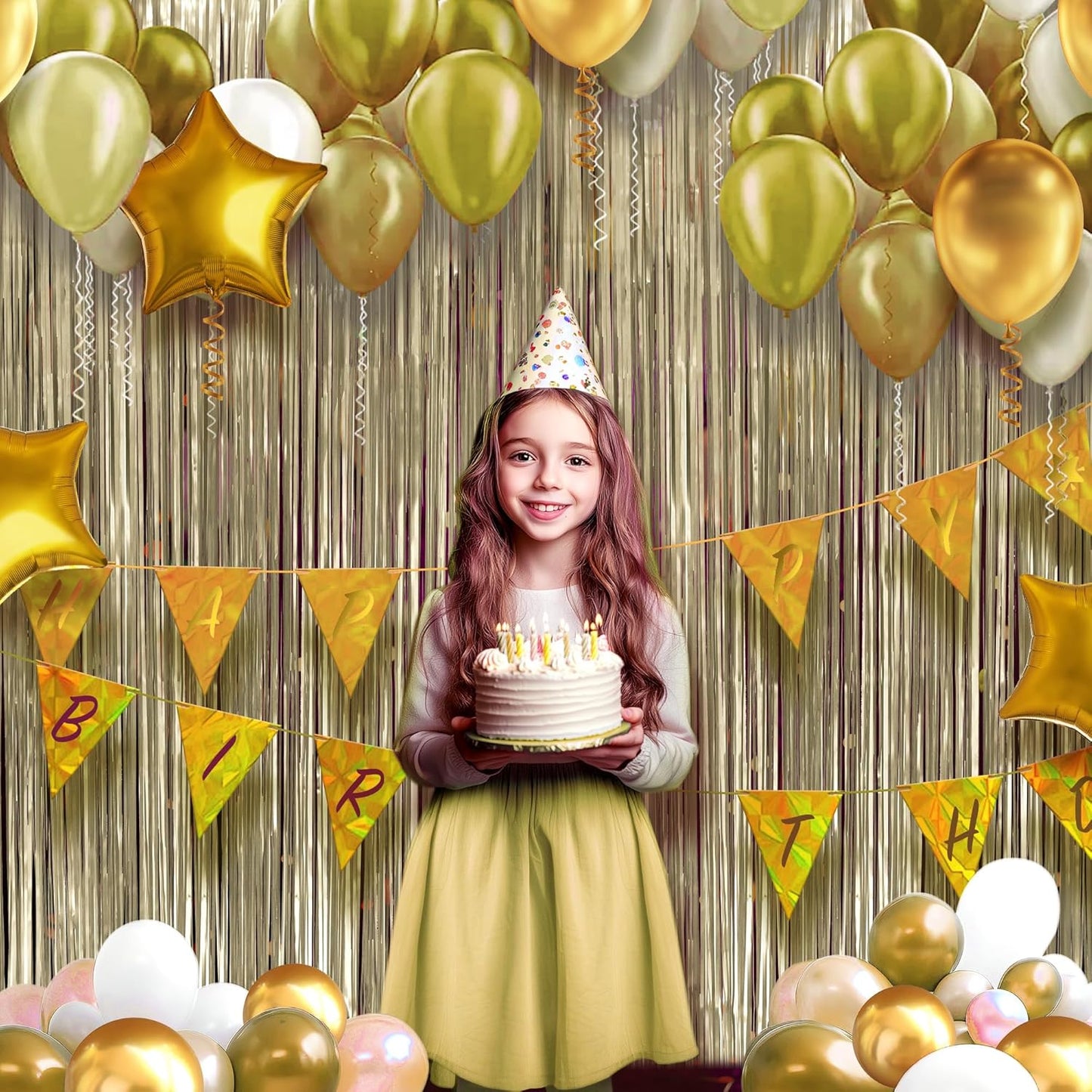 10 Pack Metallic Champagne Gold Fringe Backdrop, 3.2x8.2ft Shining Foil Tinsel Curtains, Birthday Party Decorations Door Streamers for Halloween, Christmas, Wedding, Graduation, Holiday, Theme Events