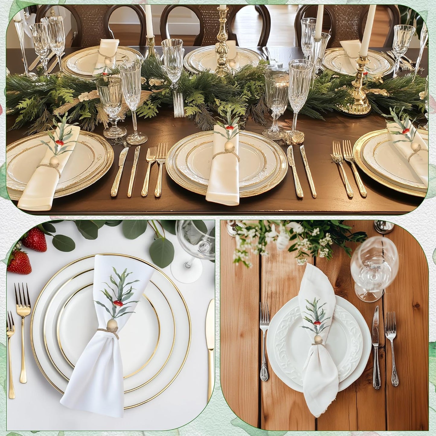 MAOANME Napkin Rings Set of 12, Rustic Eucalyptus Napkin Holder Rings with Wood Bead, Farmhouse Green Leaf Napkin Ring Bulk, Boho Napkin Ring for Wedding, Table Decor