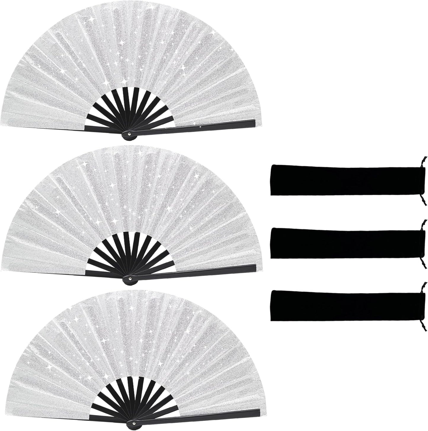Glitter bling Large Folding Fan-Hand Fan Rave Clack Popping Fan for Line Dancing Clacking Fans for Boots On The Ground Dance, Party for EDM, Music Festival, Hot Flashes, Party, Decoration(3pcs silver)