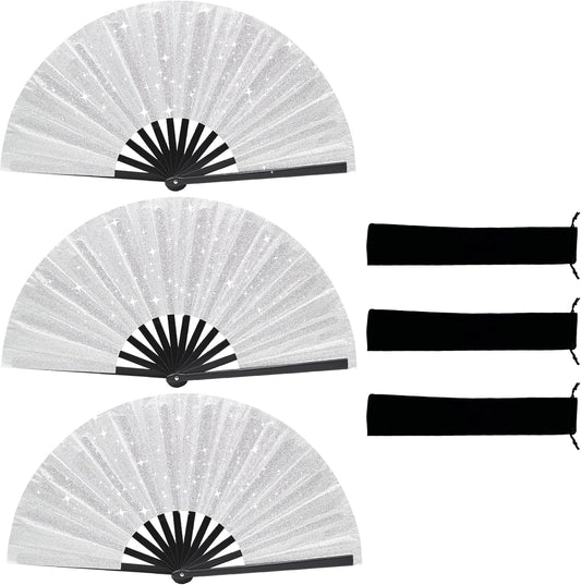 Glitter bling Large Folding Fan-Hand Fan Rave Clack Popping Fan for Line Dancing Clacking Fans for Boots On The Ground Dance, Party for EDM, Music Festival, Hot Flashes, Party, Decoration(3pcs silver)