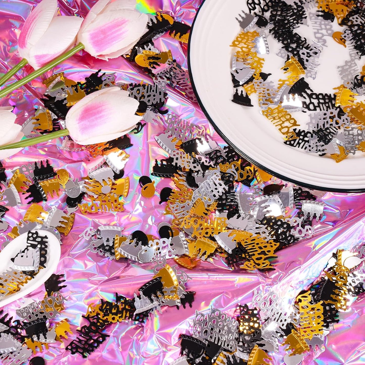 Gold and Black Happy Birthday Confetti, 3000 Pcs Birthday Cake Table Metallic Foil Confetti Party Table Decor for Party, Baby Shower, DIY Arts and Crafting
