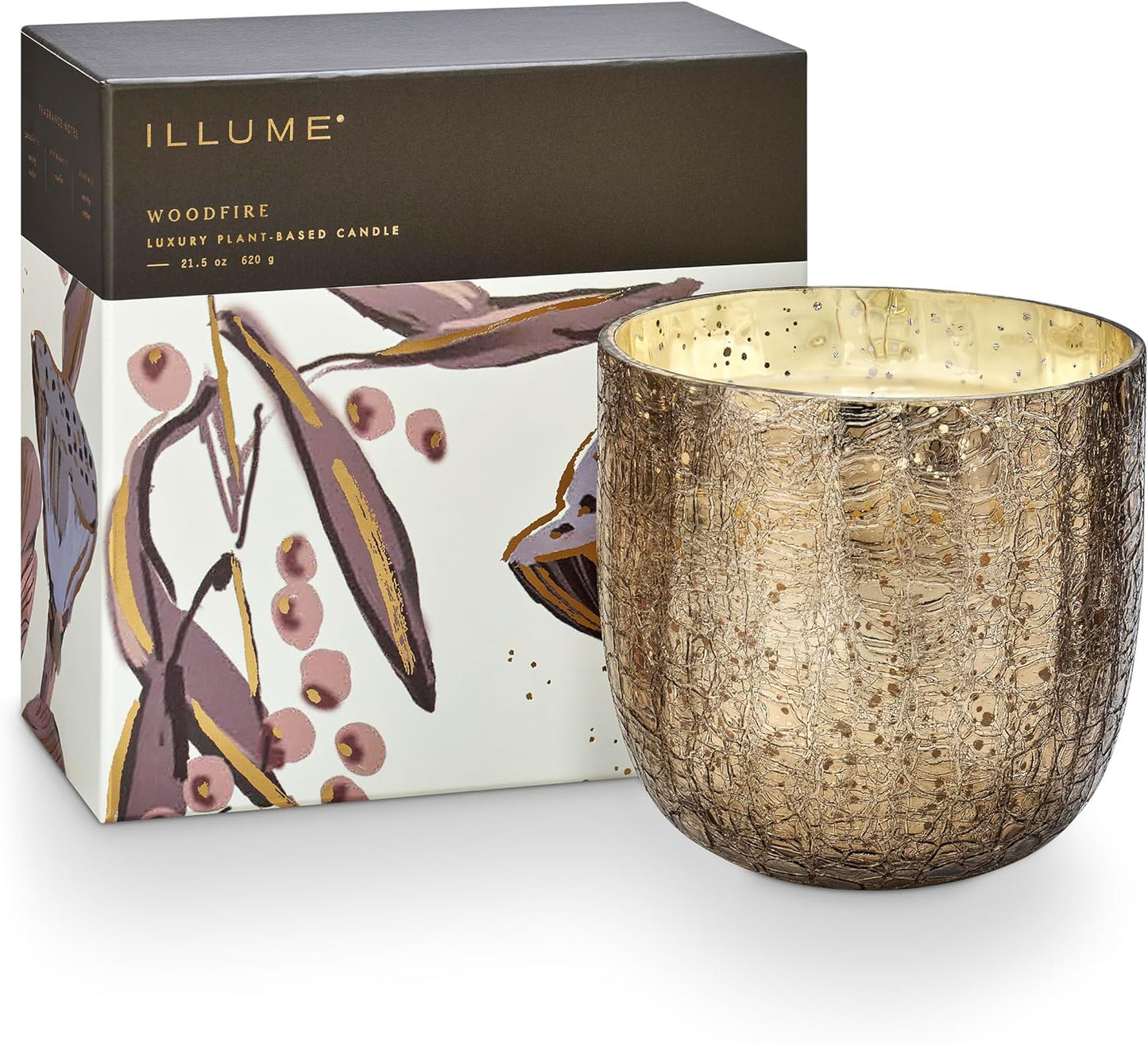 ILLUME Large Boxed Crackle Glass Candle, Woodfire