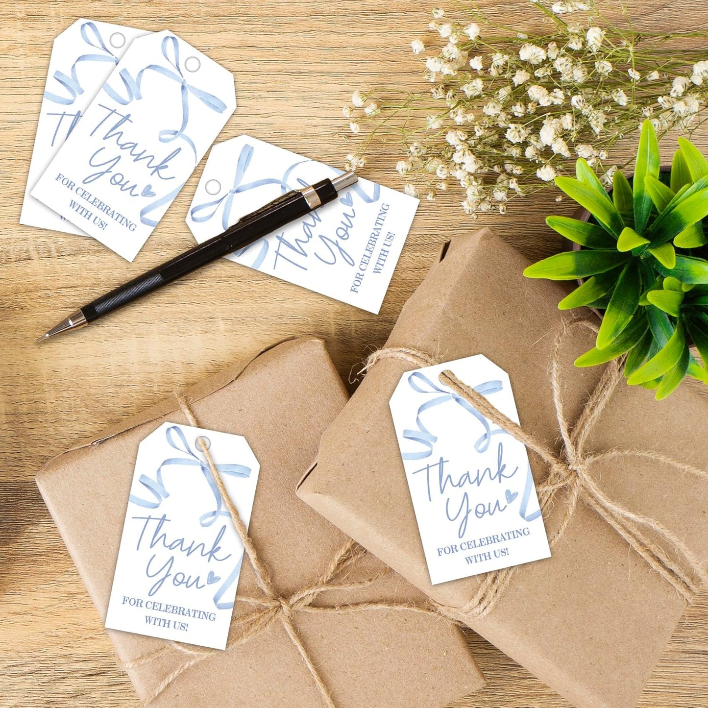 Thank You Gift Labels with String, 2x3.5 Inch Thank You for Celebrating with Us Tag, Blue Bow Print, Gift Tags for Birthday Party Baby Bridal Shower Wedding Favor-A14