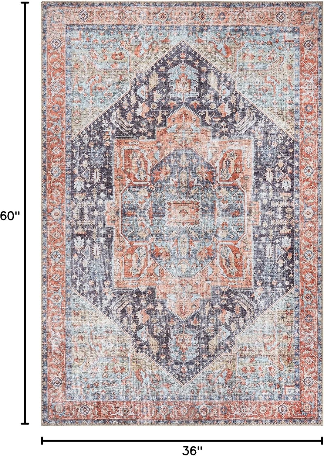 Bloom Rugs Washable Non-Slip 3' x 5' Rug - Terracotta/Blue Traditional Medallion Area Rug for Living Room, Bedroom, Dining Room, and Kitchen - Exact Size: 3' x 5'