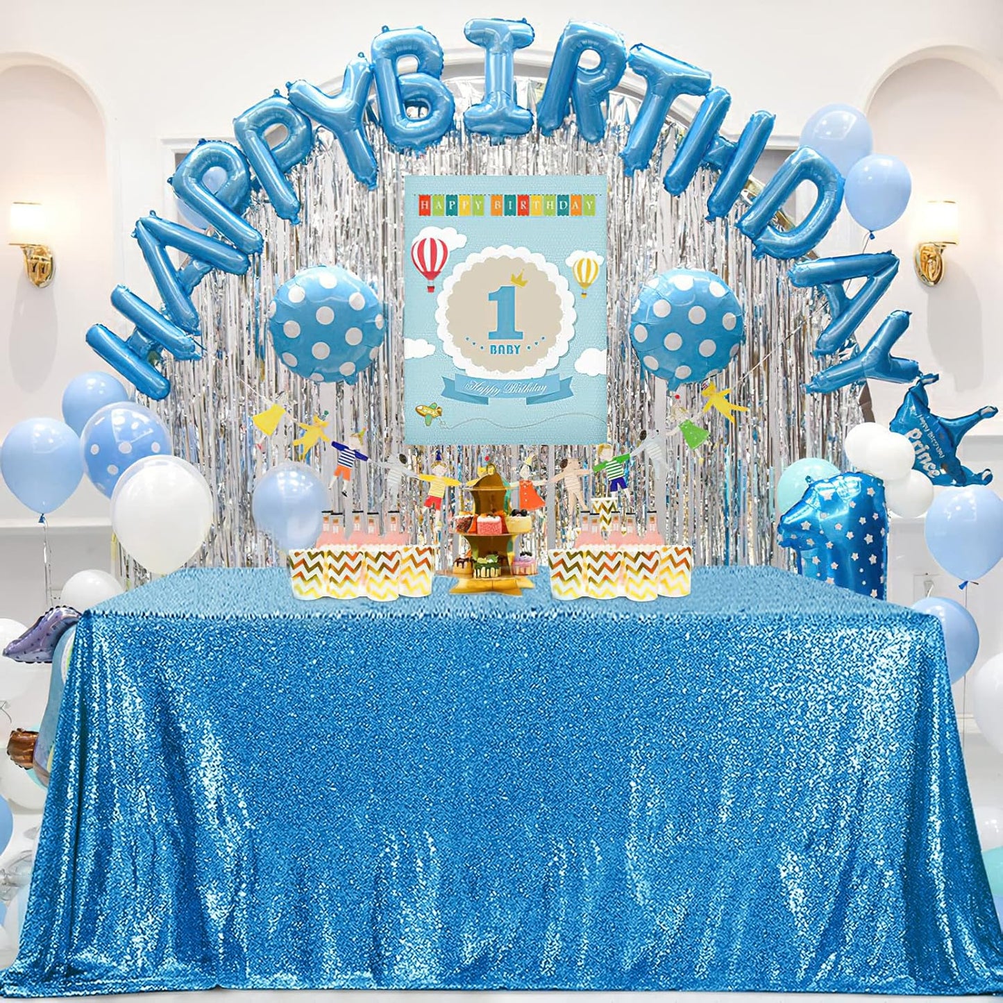 QueenDream Aqua Blue Tablecloth 90 x 132 Inch Sequin Tablecloth for Party Decorations Glitter Tablecloth for Bridal Baby Shower Wedding