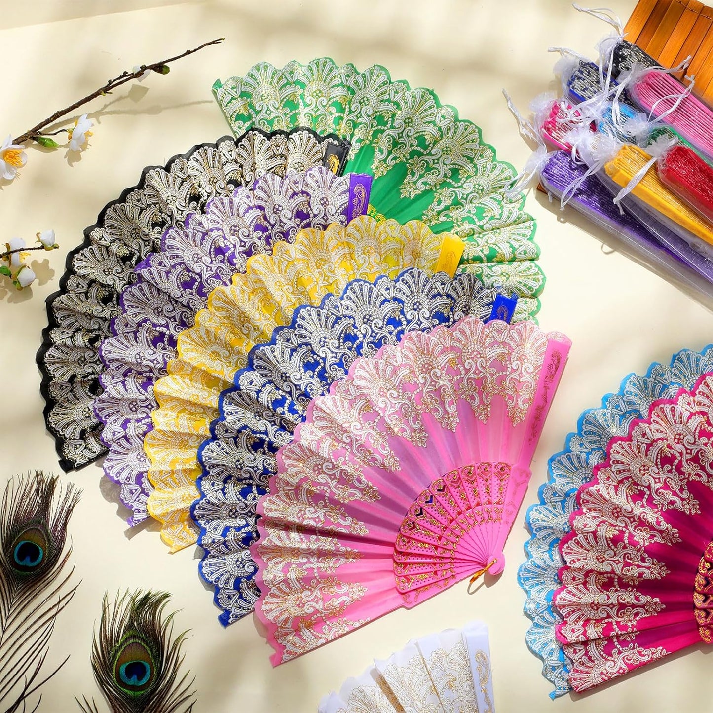 Geetery 30 Pcs Folding Hand Fan for Line Dancing Spanish Boots on The Ground Fans Gifts Bulk Colorful Silk Popping Rave for Women Tea Party Wedding Church Halloween Costume(Embroidery,Elegant Colors)