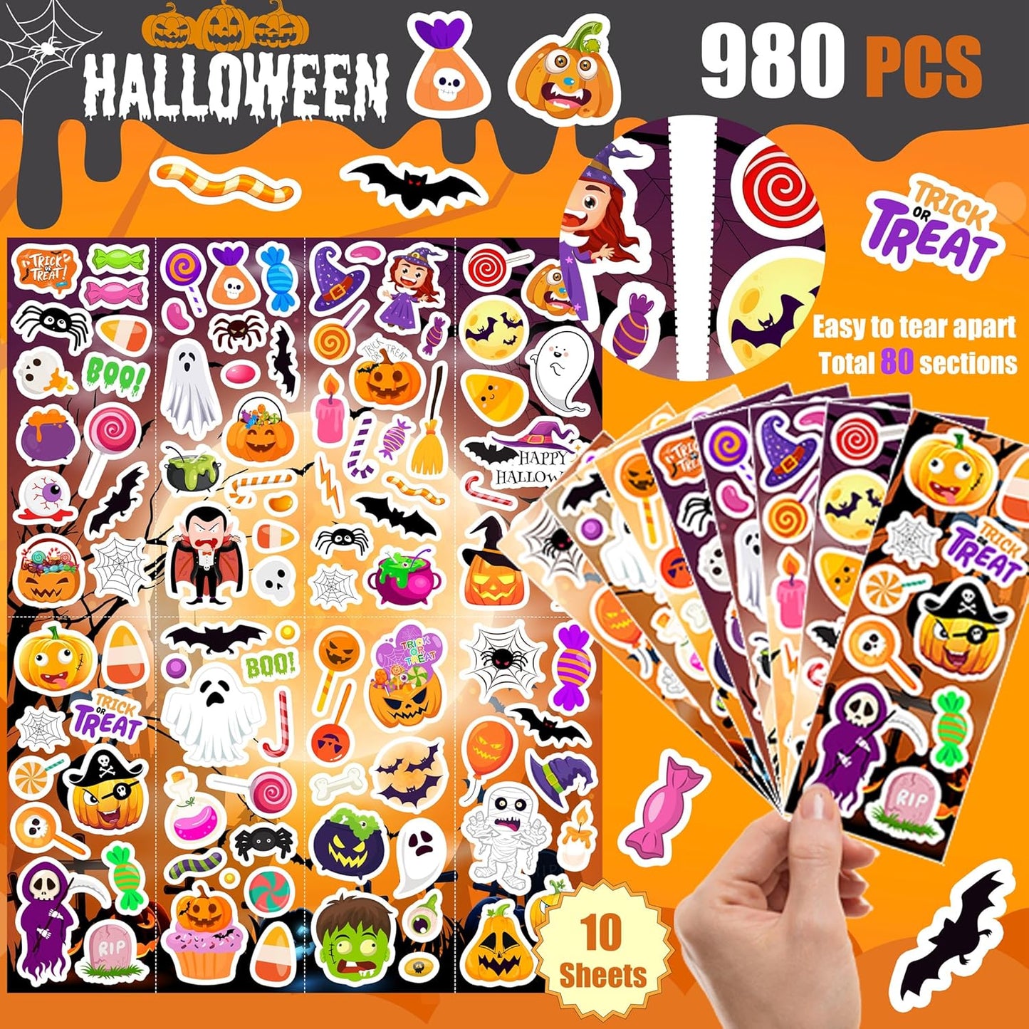 Halloween Stickers 980Pcs Assorted Halloween Stickers for Kids Halloween Party Favors, Classroom Crafts, Goodie Bags, Decorations, Trick or Treat Halloween Party Supplies