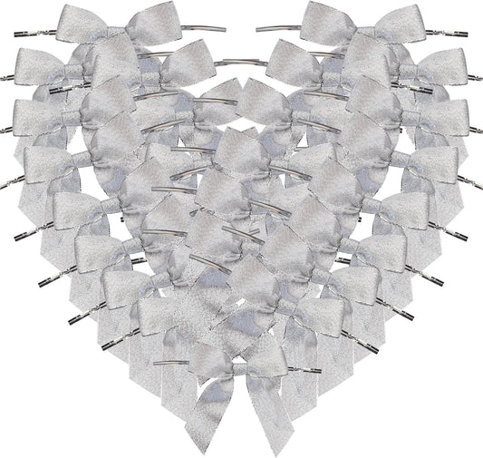 50pcs 3-1/2" Metallic Silver Glitter Ribbon Bows with Twist Ties for Gift Wrapping Packing Christmas Big Bows for Holiday Decoration (Silver)