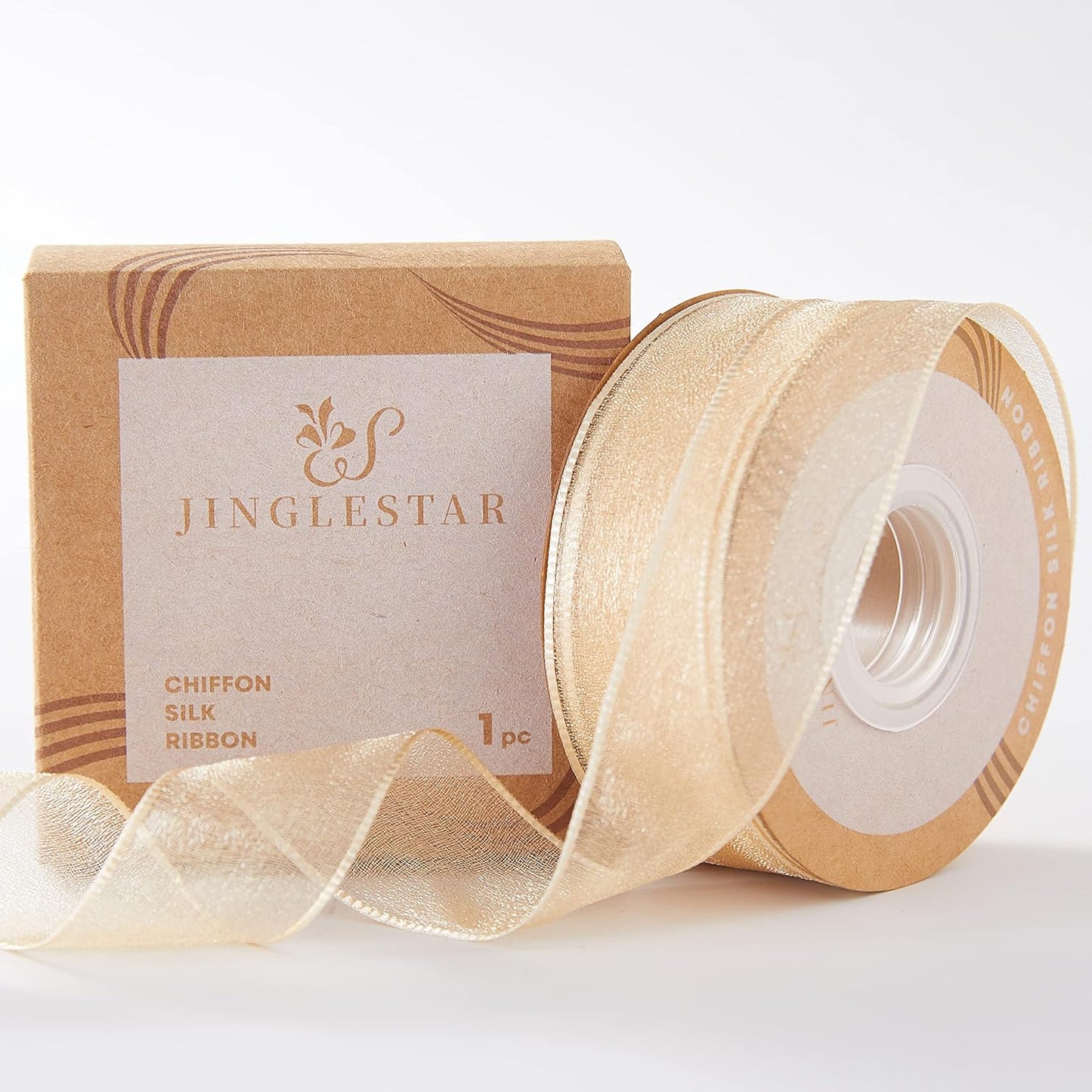 1 Inch Wide Sheer Chiffon Ribbon - Pearl Silk Woven Ribbon Suitable for Gift Wrapping, Wedding Decor, Home Decor, Girl Hair Accessories Handmade DIY (25 Yards/roll) (Champagne)