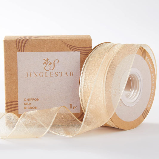 1 Inch Wide Sheer Chiffon Ribbon - Pearl Silk Woven Ribbon Suitable for Gift Wrapping, Wedding Decor, Home Decor, Girl Hair Accessories Handmade DIY (25 Yards/roll) (Champagne)