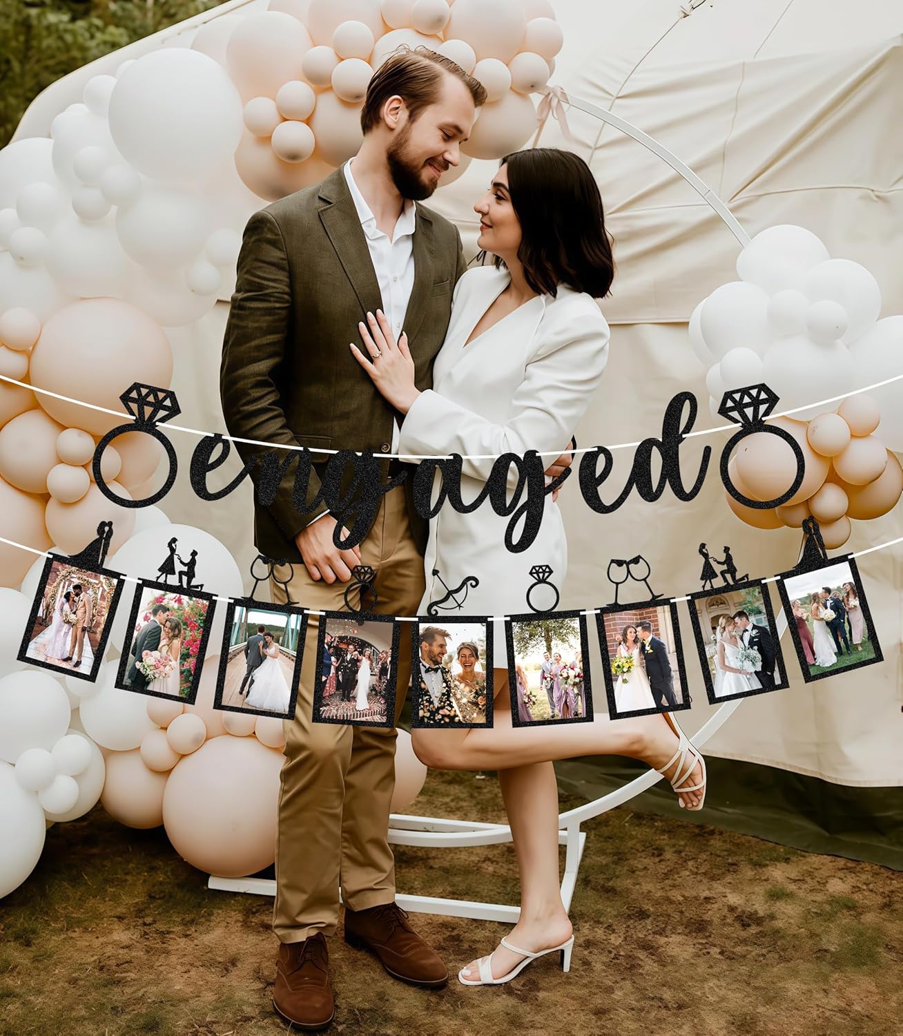Pre-Strung Engaged Photo Banner - Black Glitter Engagement Party Decoration Supplies with Romantic Memories Picture Card Frames for Bachelorette, Bridal Shower, Wedding Party Photo Booth Props