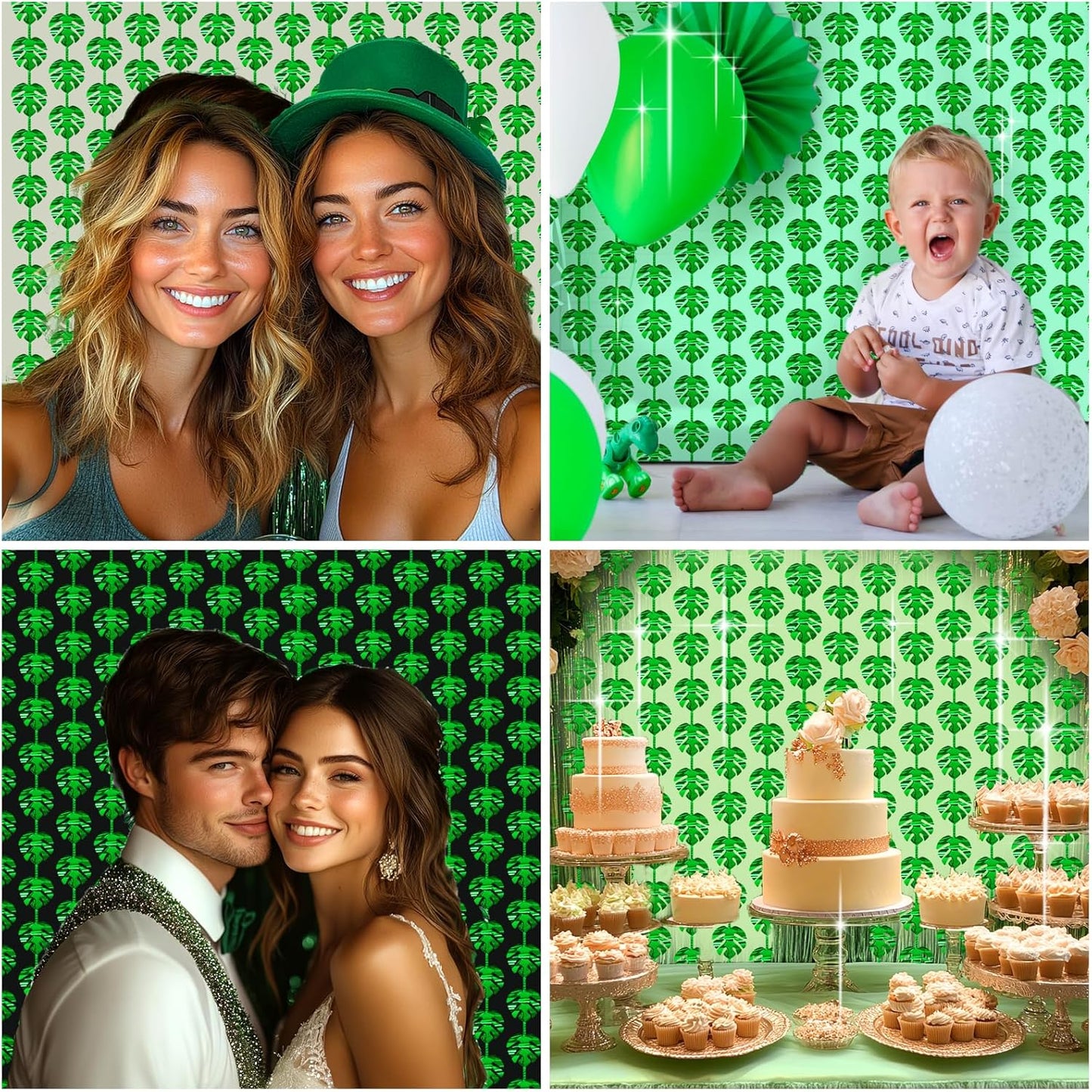 2 Packs Jungle Leaf Foil Fringe Curtain, Green Glitter Tropical Palm Leaves Metallic Tinsel Backdrop for Safari Birthday, Baby Shower, Hawaiian Aloha Luau Party Decorations Supplies