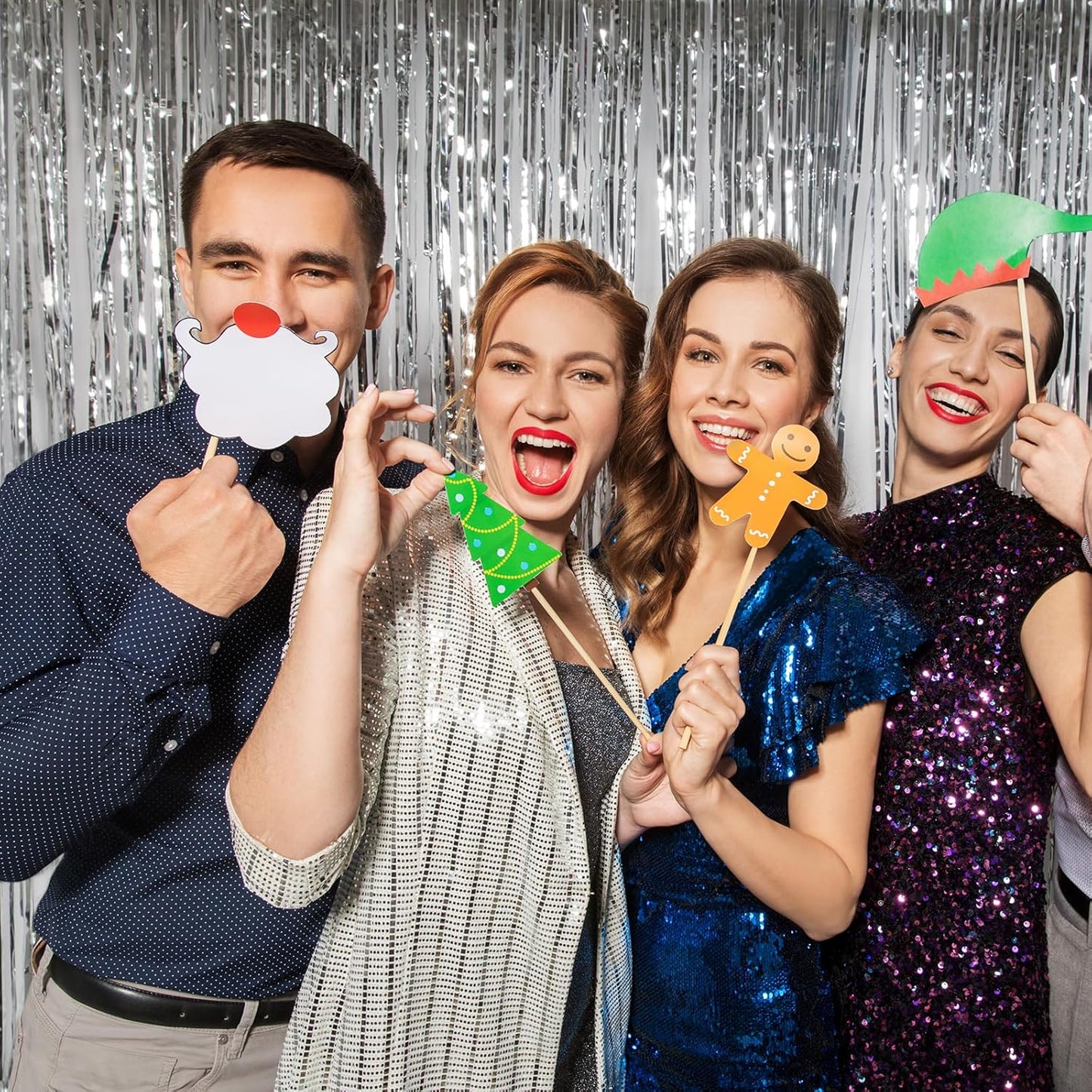 RUBFAC 2 Pack Silver Tinsel Backdrop Party Decorations Foil Fringe Curtains Photo Booth Streamer for New Year Decorations Wedding Birthday Holiday Christmas Celebrations Supplies