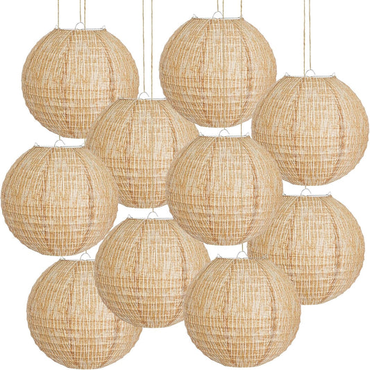 10Pcs 10" Boho Fall Party Decorations, Hanging Round Print Burlap Paper Lanterns for Office Classroom Ceiling Home Patio Neutral Baby Bridal Shower Wedding Rustic Thanksgiving Decor (10inch)