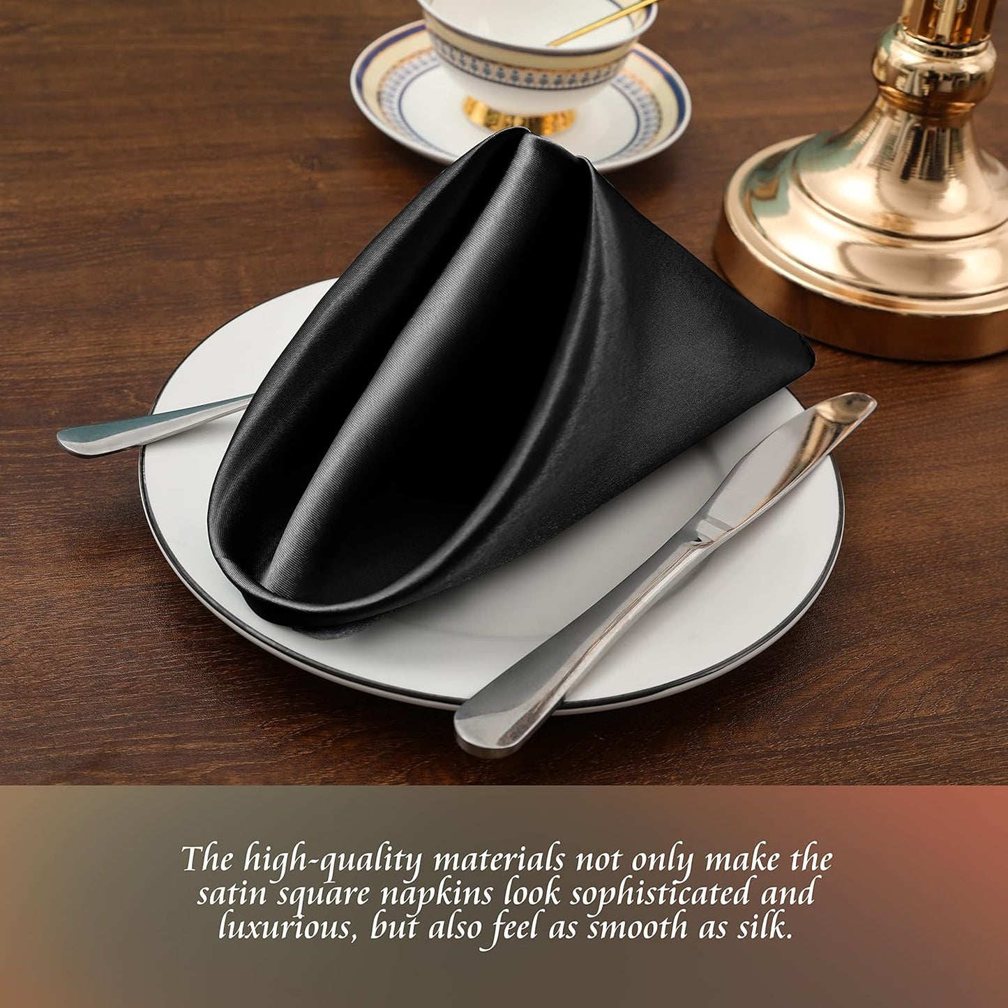 Manyshofu 50 Pieces Black Satin Napkins - 12x12 Inches Cloth Napkins, Square Satin Fabric Napkin Set - Elegant & Smooth Table Napkins for Wedding Dinner Party Lunch Banquet