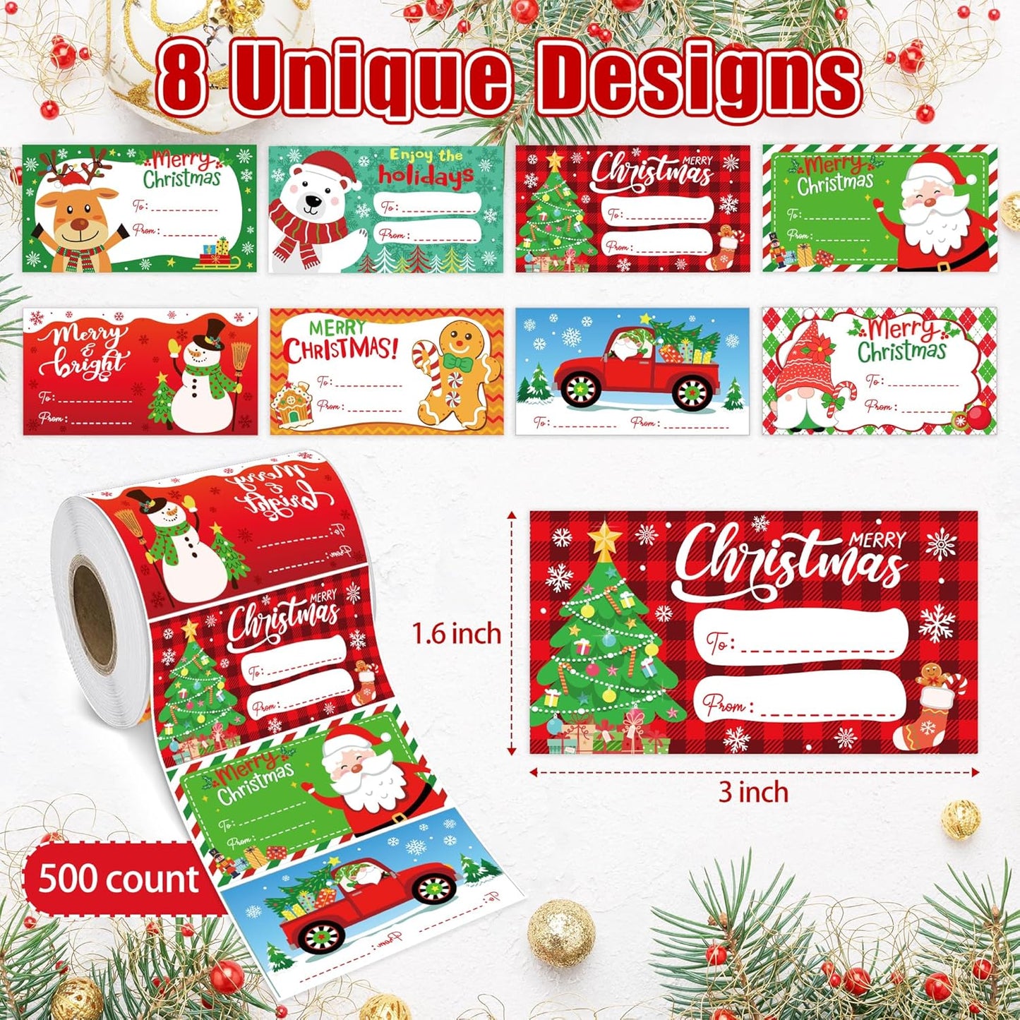 500 PCS Christmas Gift Tags,Christmas Name Tags Stickers Roll, Self-Adhesive Christmas Labels for Presents, Gift Bags, Boxes, Xmas Holiday Wrapping Paper Christmas Decorations