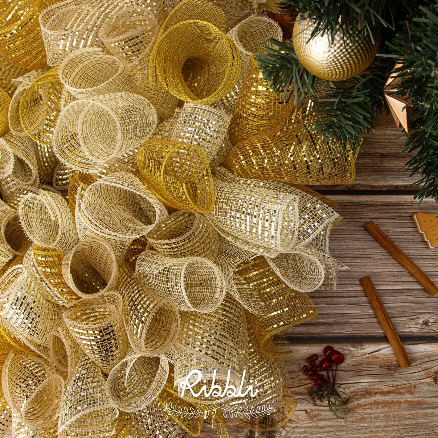 Ribbli 2 Rolls Gold Mesh Ribbon,10 inch x 30 feet(10Yard) Each Roll,Metallic Gold with Wide Gold Foil,Christmas Ribbon for Wreath Swags and Decorating