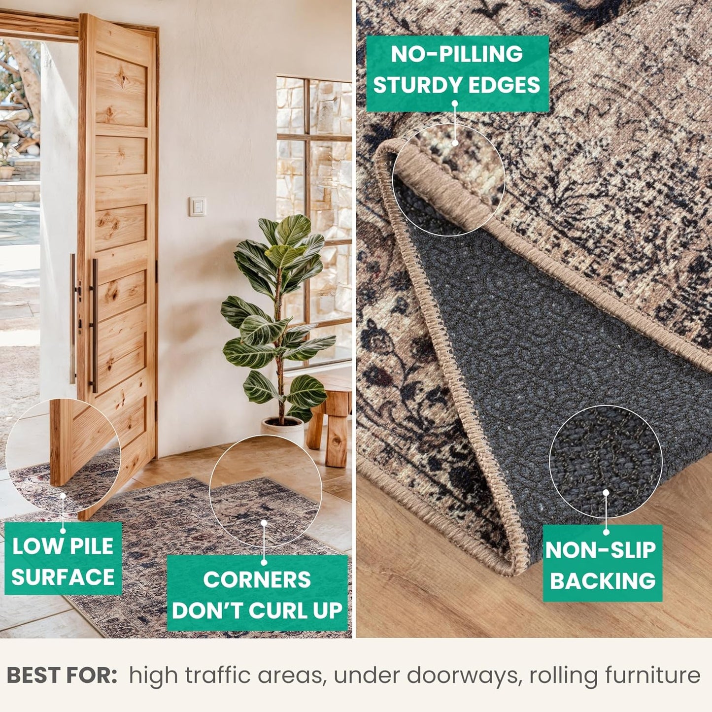 Bloom Rugs Washable Non-Slip 9' x 12' Rug - Light Tan/Blue Traditional Oriental Area Rug for Living Room, Bedroom, Dining Room, and Kitchen - Exact Size: 9' x 12'