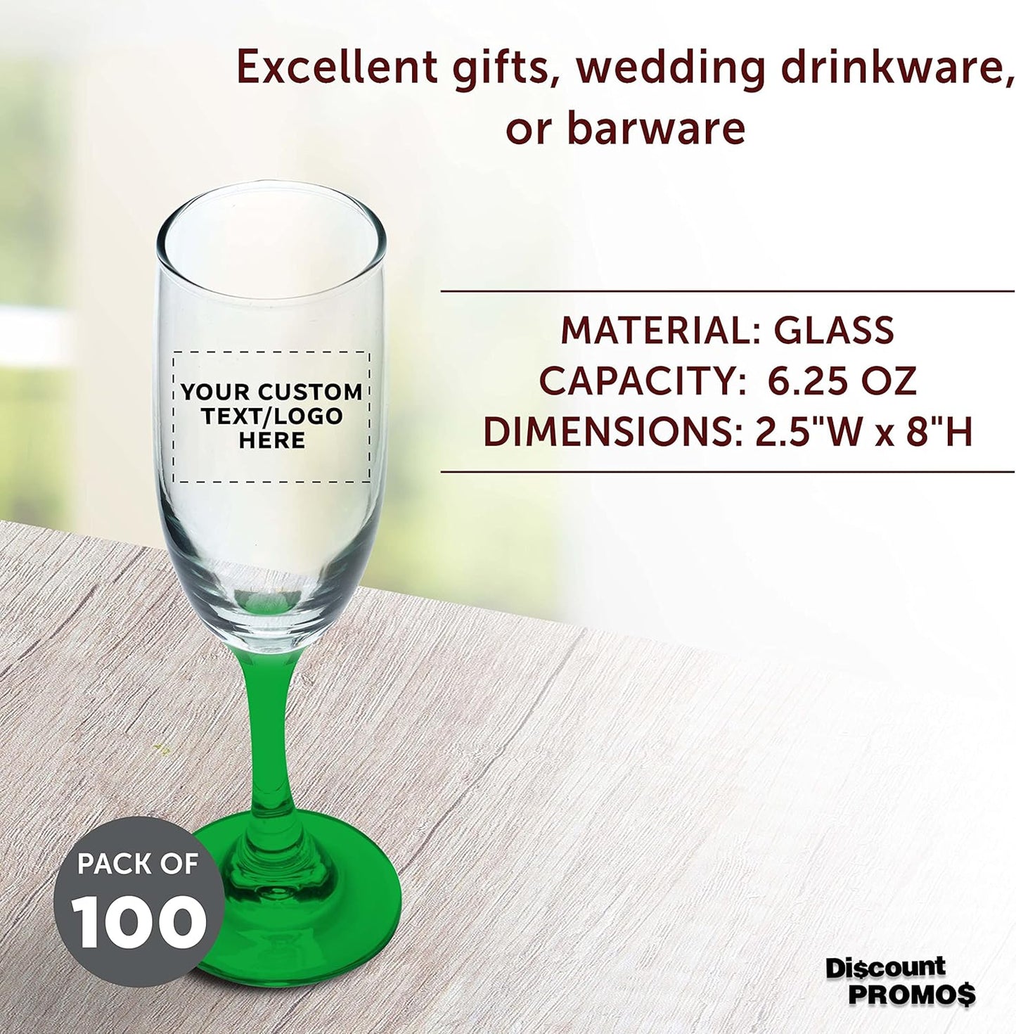 DISCOUNT PROMOS Custom Premiere Champagne Flutes 6.25 oz. Set of 100, Personalized Bulk Pack - Elegant Drinkware for Weddings, Events, & Promotional Gifts - Green
