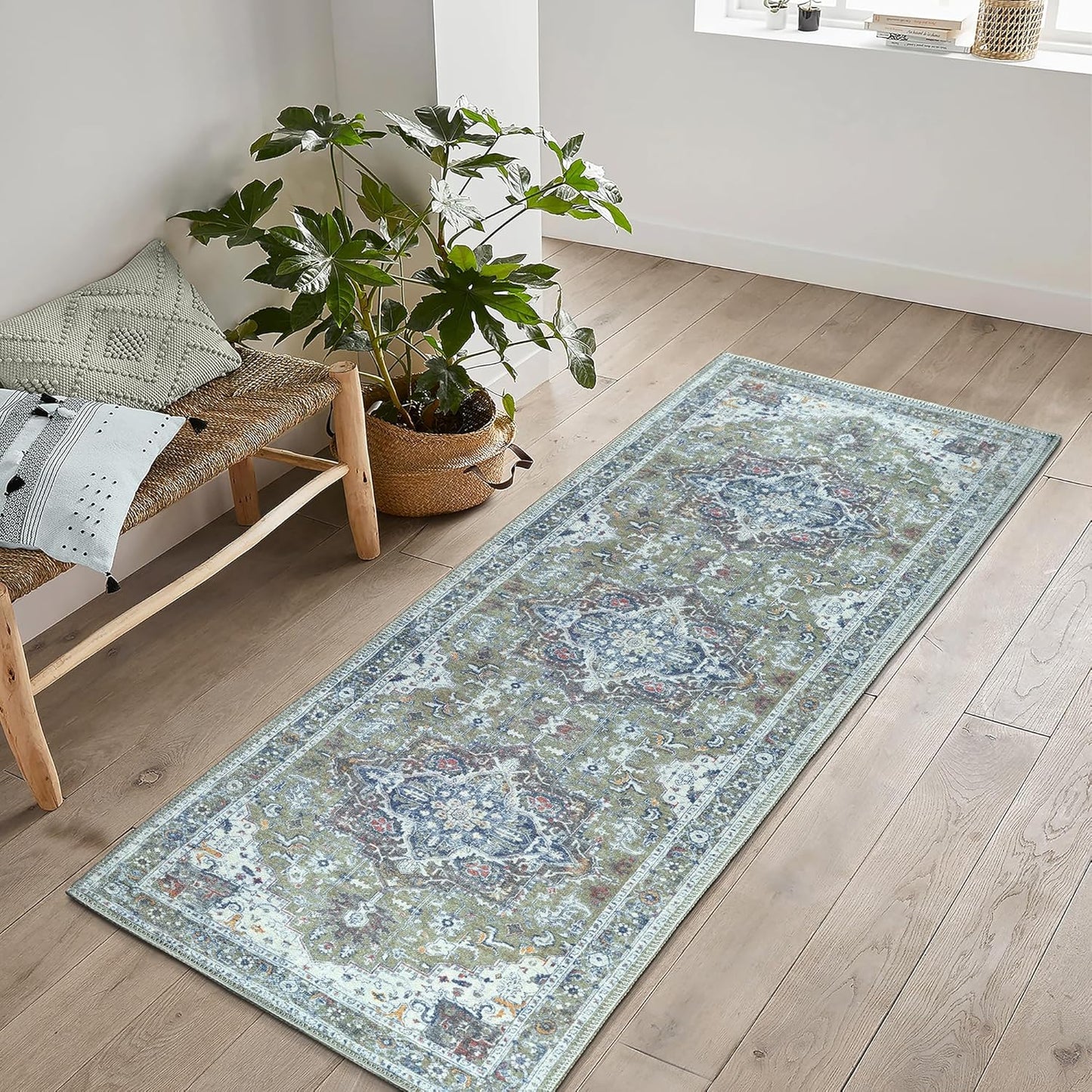 Bloom Rugs Washable Non-Slip 12 ft Runner - Green/Blue Traditional Medallion Runner for Entryway, Hallway, Bathroom, and Kitchen - Exact Size: 2.5' x 12'