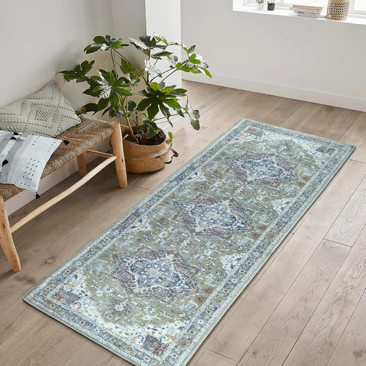 Bloom Rugs Washable Non-Slip 12 ft Runner - Green/Blue Traditional Medallion Runner for Entryway, Hallway, Bathroom, and Kitchen - Exact Size: 2.5' x 12'
