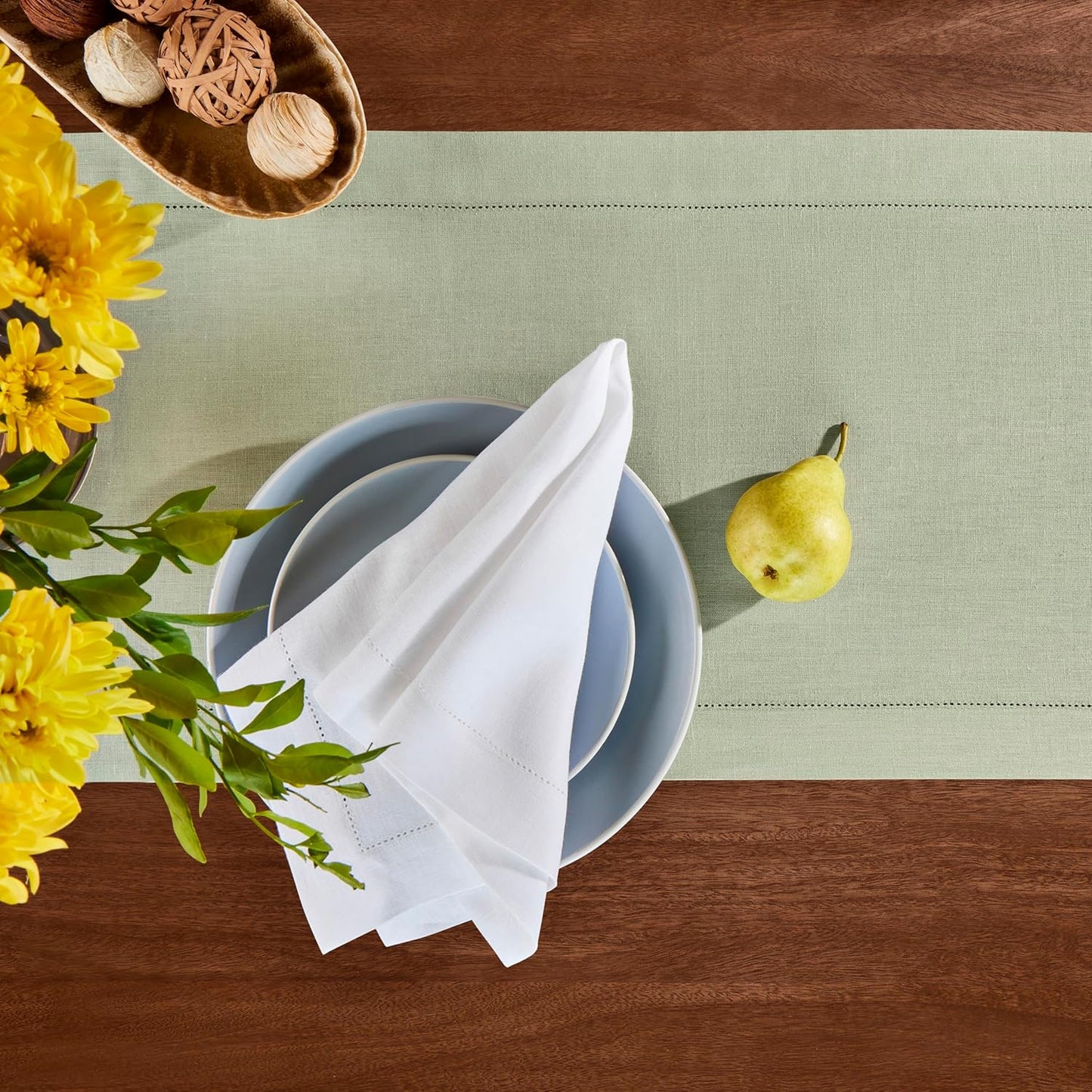 Linen Table Runner 14 x 120 Inch Long - 100% Pure Linen Christmas Sage Green Table Runner - Cloth Fabric Hemstitch Runner for Thanksgiving, Christmas, Winter, New Year - Elara