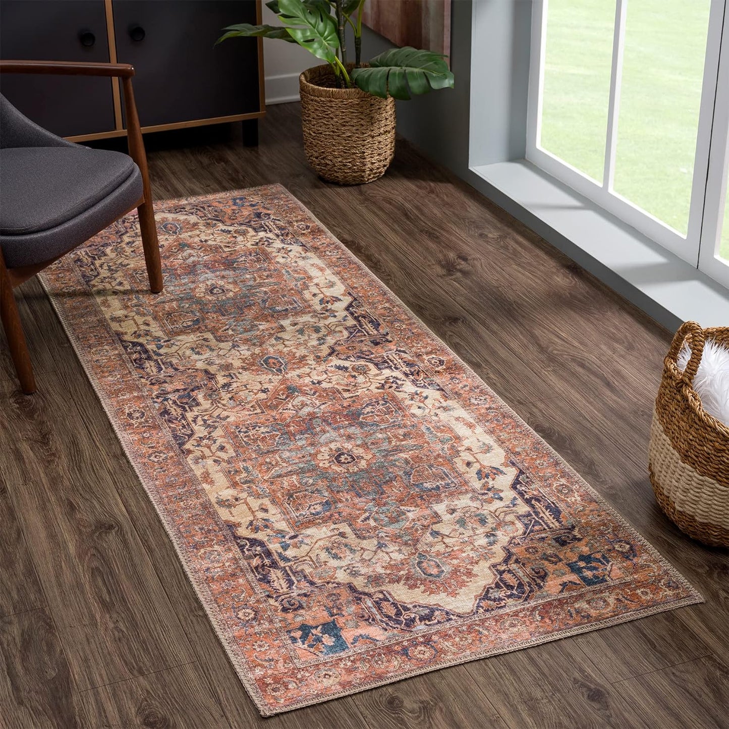 Bloom Rugs Washable 7 ft Runner - Beige/Terracotta Traditional Runner for Entryway, Hallway, Bathroom, and Kitchen - Exact Size: 2.5' x 7'