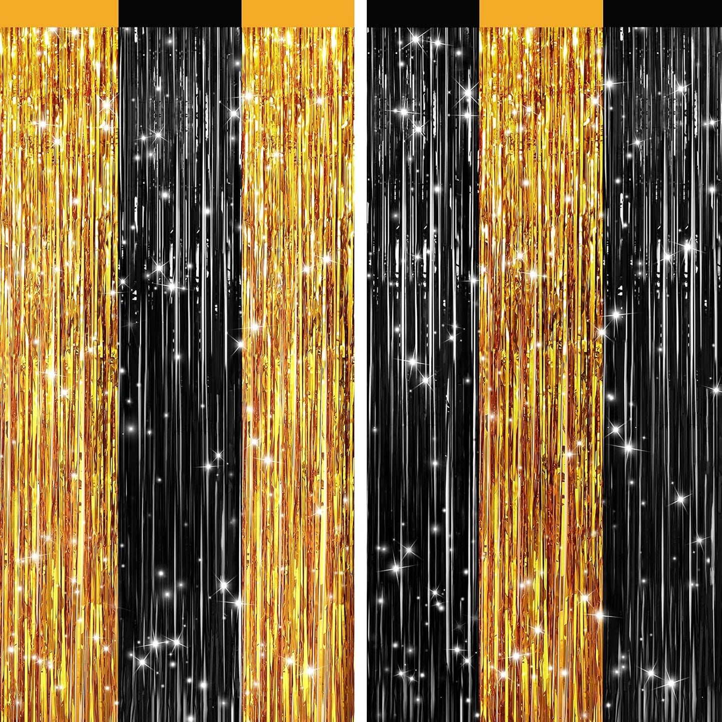 2Pack Black Gold Metallic Tinsel Foil Fringe Curtains, Door Streamers Photo Booth Backdrop for Birthday Party, Tinsel Curtain Backdrop for Wedding Baby Shower Bachelorette Christmas Party Decorations
