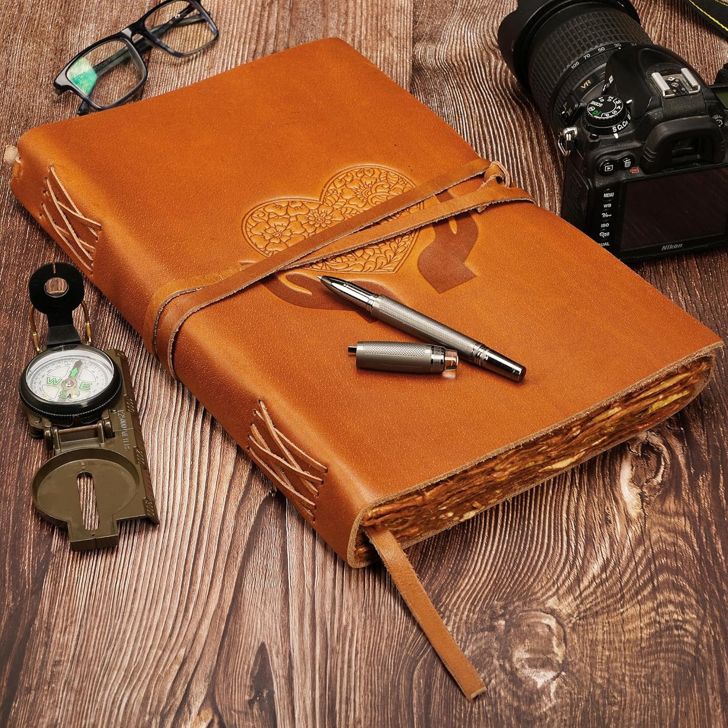 LUXEORIA Heart Journal for Women and Men, Handcrafted Leather Journal for Writing Womens, Sketchbook, Travel Diary with Unlined Deckle Paper, Camel Brown 8x13