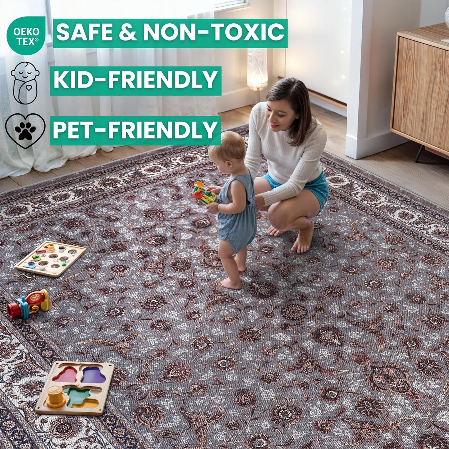 Bloom Rugs Washable Non-Slip 9' x 12' Rug - Slate Gray Traditional Oriental Area Rug for Living Room, Bedroom, Dining Room, and Kitchen - Exact Size: 9' x 12'