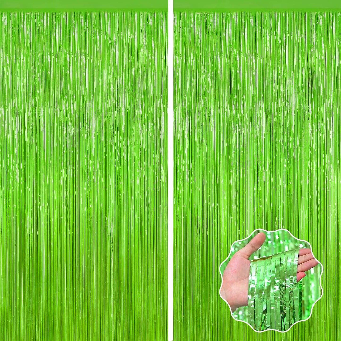 Grass Green Foil Fringe Curtain Backdrop, 2Pack Metallic Tinsel Fringe Curtain Streamers Photo Backdrop for St Patricks Day Football Decorations, Birthday Christmas Tropical Party Decor Door Streamers