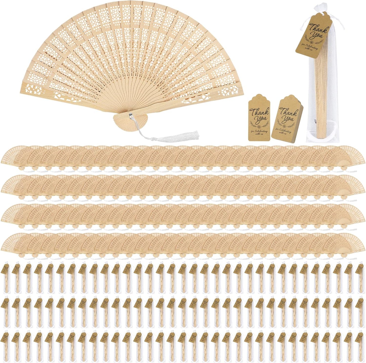 Aodaer 100 Pieces Wooden Folding Fan Sandalwood Folding Hand Fan Openwork Vintage Chinese Fan with White Tassel, Organza Bag and Greeting Cards for Wedding Birthday Party Favors Home Decorations