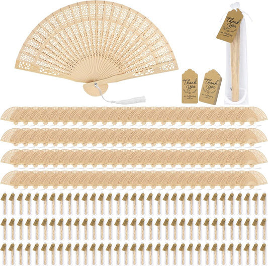 Aodaer 100 Pieces Wooden Folding Fan Sandalwood Folding Hand Fan Openwork Vintage Chinese Fan with White Tassel, Organza Bag and Greeting Cards for Wedding Birthday Party Favors Home Decorations