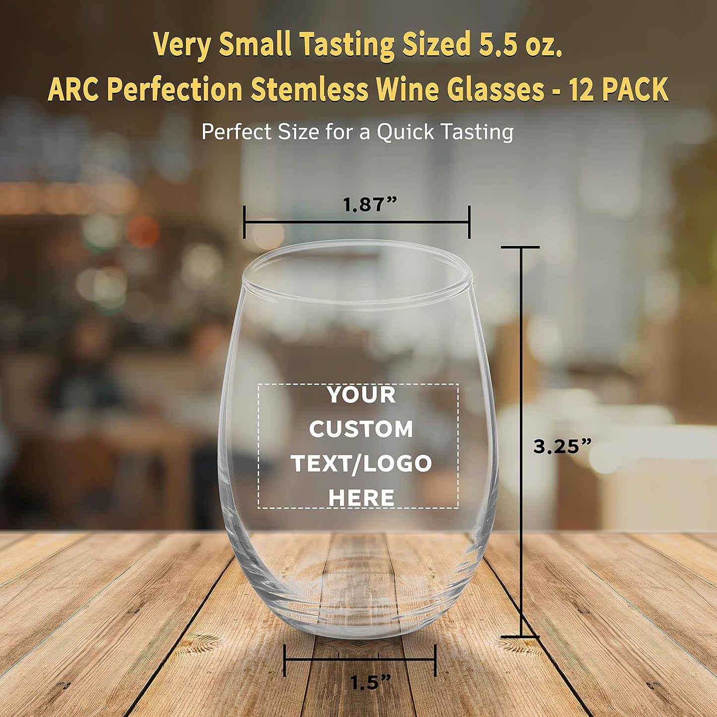 Custom Stemless Wine Glasses by ARC 5.5 oz. Set of 12, Personalized Bulk Pack - Perfect for Hotel, Bar, Restaurant or Lounge - Clear