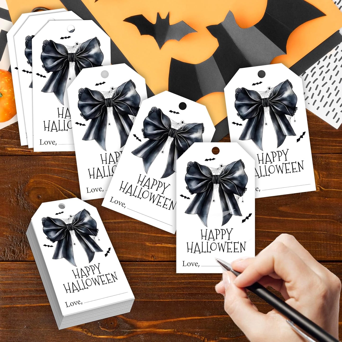 50 Pcs Halloween Tags with String, 2.1"×3.5" Bowknot Paper Gifts Tags, Bat Trick or Treat for Candy, Spider Happy Halloween Gifts Tag Wrap for Party Favor - B06