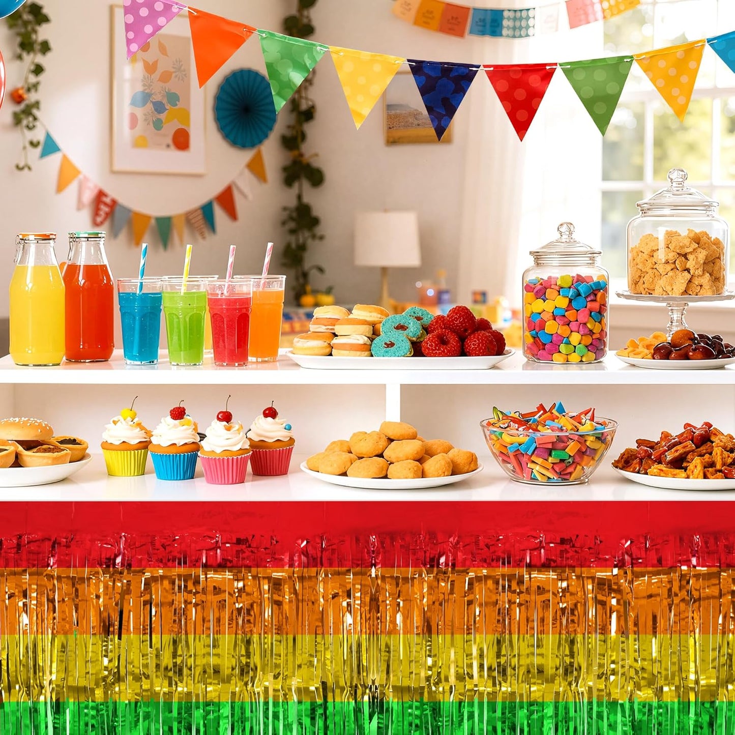2 Pack Rainbow Table Skirts, 29x108" Metallic Foil Tinsel Fringe Table Skirts for Rectangle Tables Streamer Curtains Backdrop, Party Decorations for Birthdays Weddings Holidays