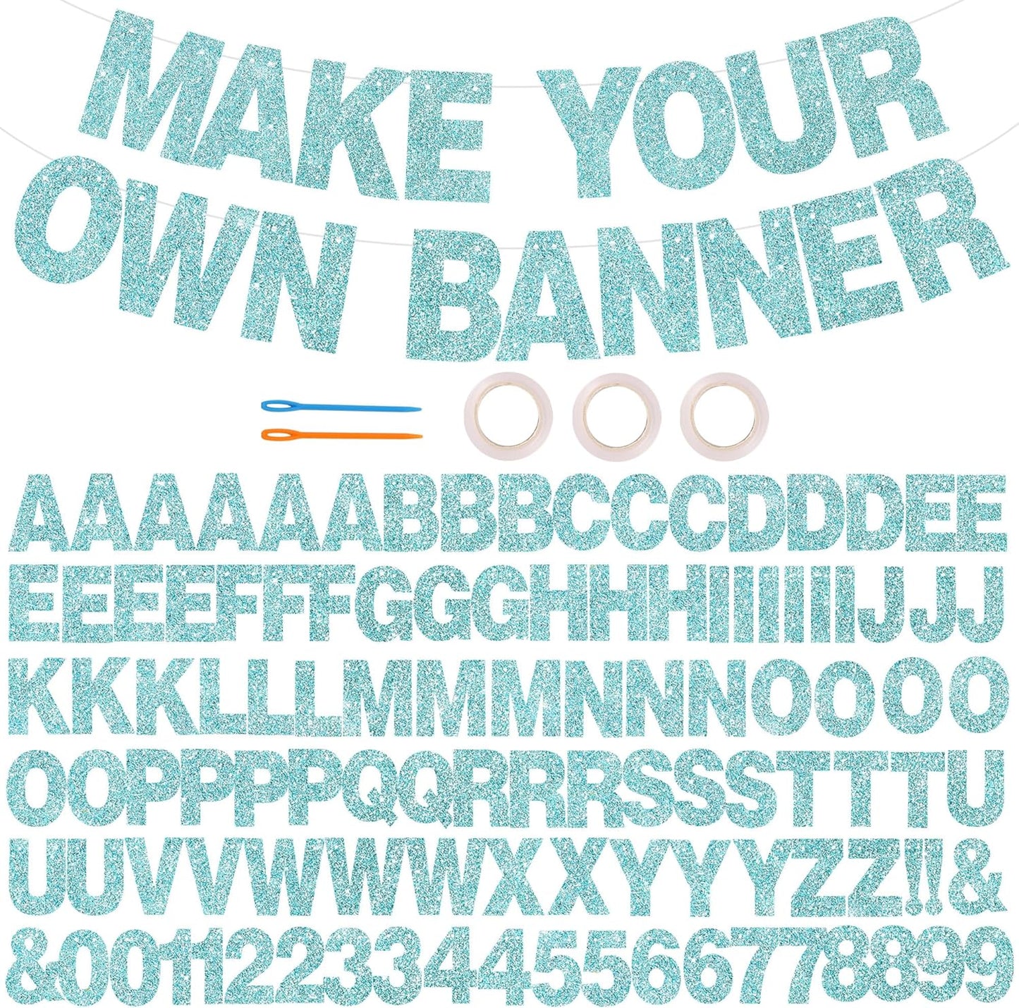 BEISHIDA 116 PCS Glitter Baby Blue DIY Letter Banner Kit Make Your Own Banner，Including 111 Letters and Numbers 3 Rope and 2 Threading Device,Customized for Birthday Graduation Wedding Party Decor