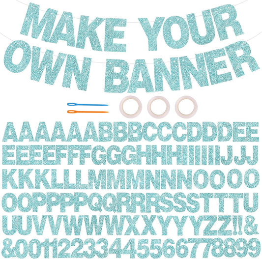 BEISHIDA 116 PCS Glitter Baby Blue DIY Letter Banner Kit Make Your Own Banner，Including 111 Letters and Numbers 3 Rope and 2 Threading Device,Customized for Birthday Graduation Wedding Party Decor