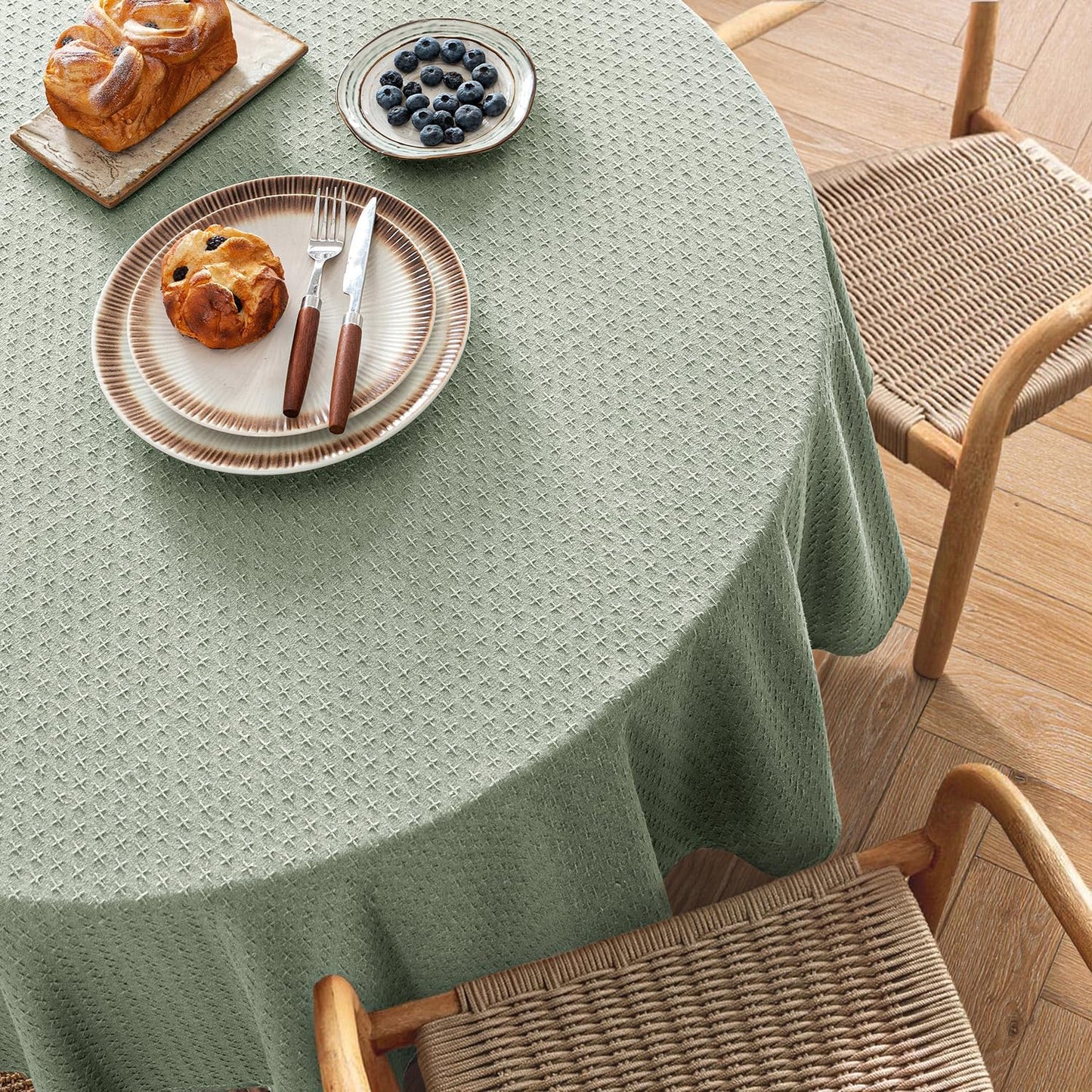 MIULEE Sage Green Linen Cottton Table Cloth Round Tablecloth Waterproof Spillproof Cross-Star Textured Table Cltoth Decorative Farmhouse Style for Dining Party Weddings 60 Inch