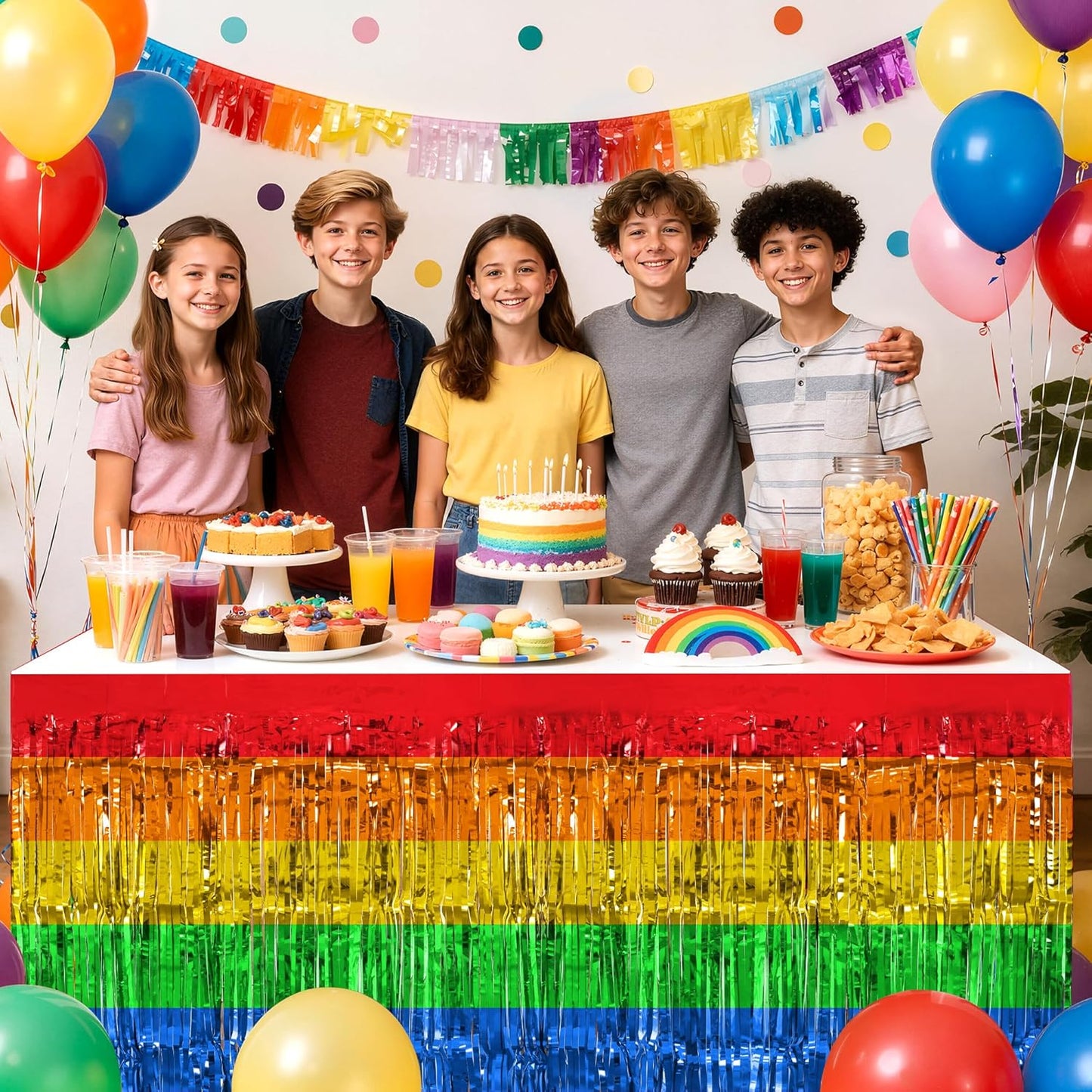 2 Pack Rainbow Table Skirts, 29x108" Metallic Foil Tinsel Fringe Table Skirts for Rectangle Tables Streamer Curtains Backdrop, Party Decorations for Birthdays Weddings Holidays